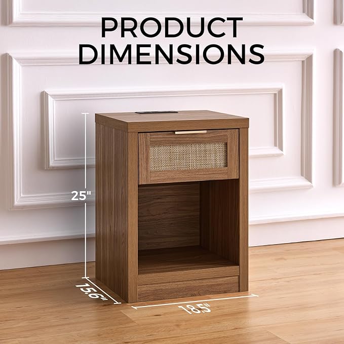 Walsham Night Stand Set 2, Rattan Nightstand with Charging Station, Modern End Table with Drawers, Bed Side Tables Set of 2 for Bedroom Living Room Sofa Couch Office (Weathered Oak)