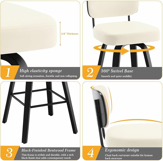 Bekrvio Swivel Bar Height Stools Set of 4, Upholstered Faux Leather Barstools with Back, 29" Seat Height Tall Bar Stools for Kitchen Counter, Black Wood Frame, Cream White