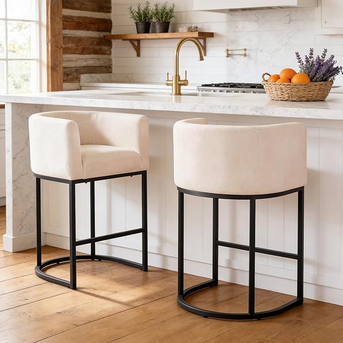ClinQ 26" H Counter Height Bar Stools Set of 6, Modern Barrel Counter Stools with Backrest and Arms, Black Metal Frames, Linen Fabric Upholstered Accent Barstools for Kitchen Island,Linen Color