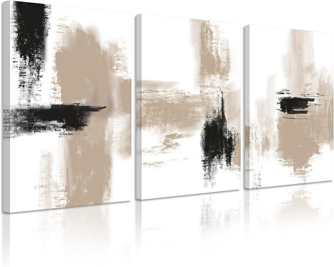 Beige Abstract Wall Art Painting Set of 3 Neutral Canvas Wall Art Prints Black Beige Modern Wall Decor Minimalist Art Pictures Abstract Modern Artwork for Room Bedroom 12x16 Inch Framed