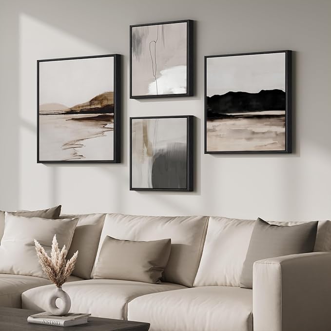 Framed Neutral Abstract Wall Art for Living Room, Set of 4 Piece Modern Landscape Canvas Artworks, Minimalist Black and Gray Painting Prints for Bedroom Dining Room Hallway Home Office Wall Decor