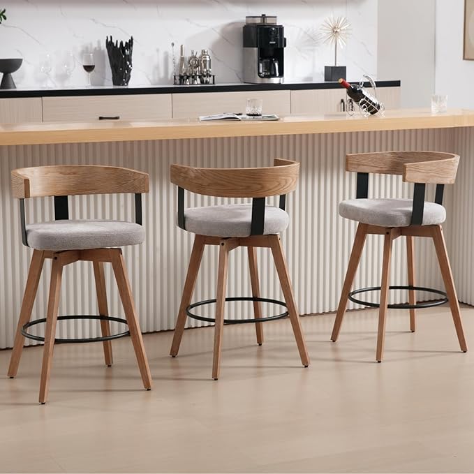 DUOMAY Swivel Bar Stools Set of 4, 26" Counter Height Bar Stool with Footrest Modern Wood Barstools with Linen Upholstered Seat Counter Stools for Kitchen Island Home Bar,Grey