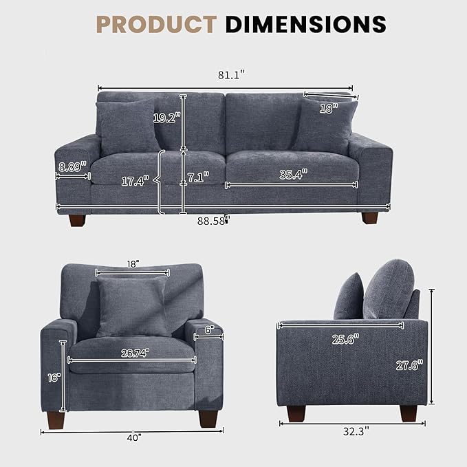 DOPEDIO Modern Living Room Sofa Set, 88.58" Chenille Loveseat with 2 Accent Chairs, Removable Covers, Spring Cushions, Solid Wood Frame, Easy Assembly（88.58inch+2 Single,Blue）