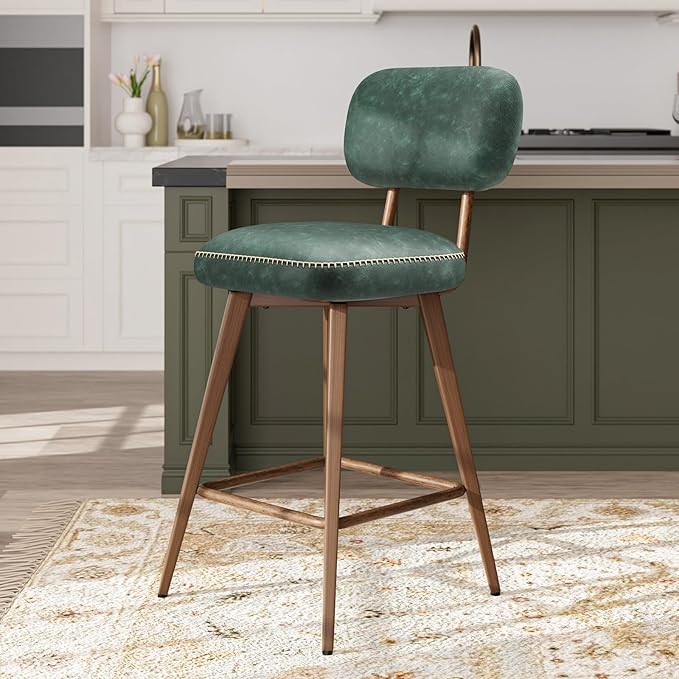 MALOL 26“ PU Leather Swivel Bar Stools Set of 4, Mid Century Counter Height Bar Chairs with Low Back and Metal Legs, Modern Bar Stool Chair for Kitchen Island, Green