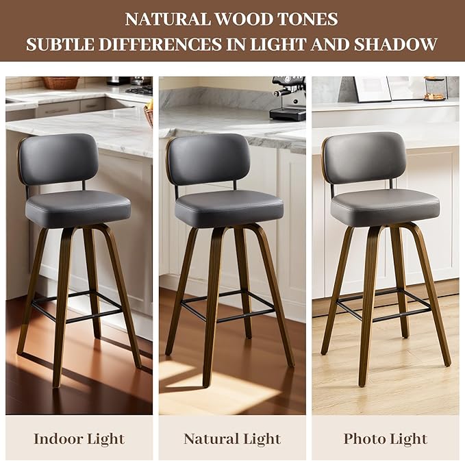 Bekrvio Swivel Counter Height Bar Stools Set of 4, 26" Upholstered Faux Leather Barstools with Back and Bent Wood Legs, Mid Century Modern Bar Chair Island Stool for Kitchen Counter, Grey