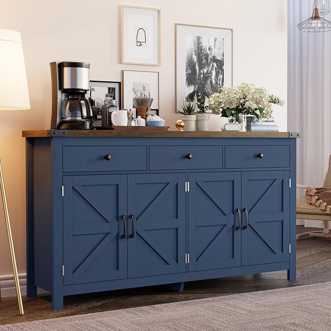 VVFLU 63" Sideboard Buffet Cabinet with Storage, Coffee Bar with 3 Drawers and 4 Barn Doors, Long Wider Storage Cabinet Modern Farmhouse, Blue Wood, for Kitchen, Dining Room, Living Room