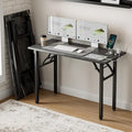 Frylr Small Folding Computer Desk – 43.3 Inch Portable Table for Craft and Study, Lightweight Desk for Small Spaces, Foldable Laptop Table Built-in AC/USB Outlets for Convenience, Marble Greige