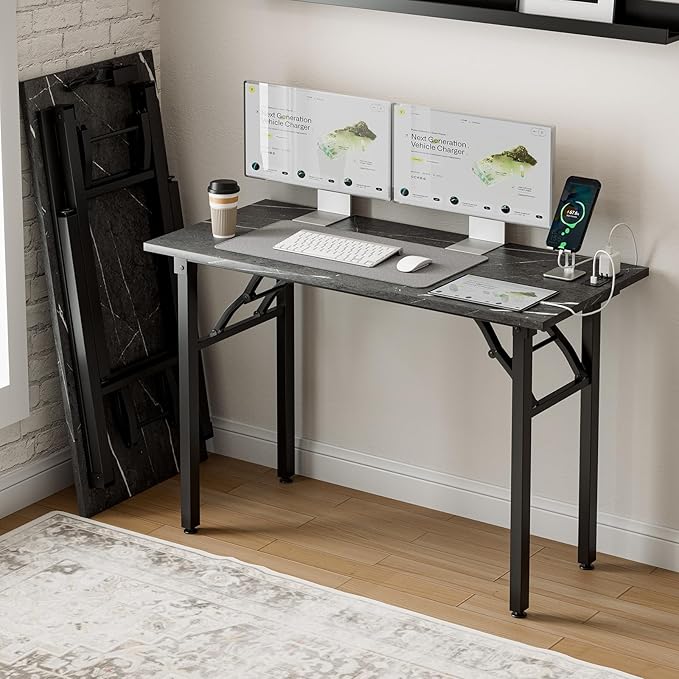 Frylr Small Folding Computer Desk – 43.3 Inch Portable Table for Craft and Study, Lightweight Desk for Small Spaces, Foldable Laptop Table Built-in AC/USB Outlets for Convenience, Marble Greige