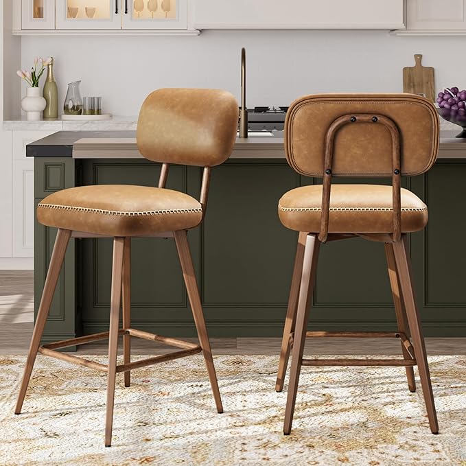 MALOL 26“ PU Leather Swivel Bar Stools Set of 3, Mid Century Counter Height Bar Chairs with Low Back and Metal Legs, Modern Bar Stool Chair for Kitchen Island, Brown