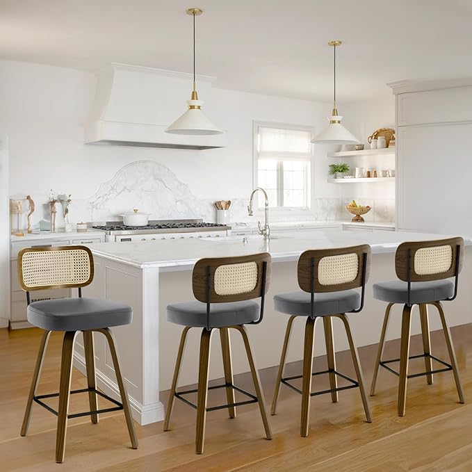 Bekrvio Swivel Counter Height Bar Stools Set of 4, Upholstered Faux Leather Barstools with Rattan Back, 26" Seat Height Bar Chairs for Kitchen Island, Bentwood Wood Frame, Grey