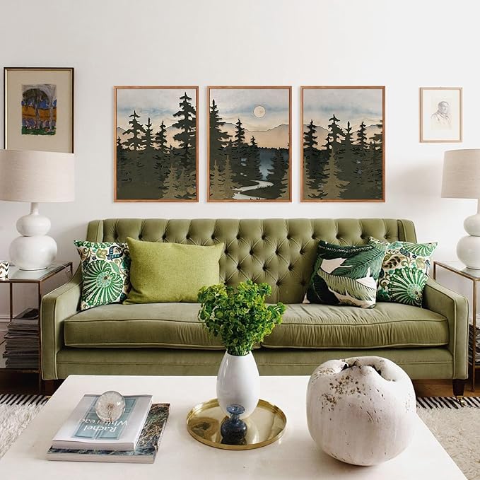 HPNIUB Vintage Mountain Framed Canvas Wall Art Set, Boho Sunrise Art Prints, Forest Nature Wilderness Art Paintings, Abstract Pine Tree Wall Decor for Living Room Bedroom, Office(Set of 3,12X16 Inch)