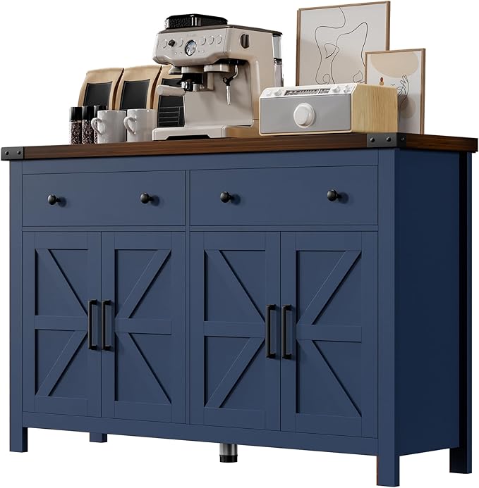 VVFLU 55'' Buffet Cabinet with Storage, Farmhouse Kitchen Storage Cabinet with 4 Doors and 2 Drawers, Coffee Bar Buffet Sideboard for Kitchen, Dining Room, Living Room, Blue Wood