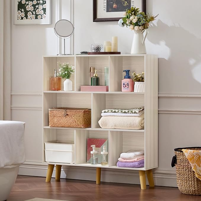 LEYAOYAO 8 Cube Bookshelf,3 Tier Bookcase with Legs,Light Grey White Mid-Century Modern Bookshelves,Large Open Storage Organizer Shelf, Wooden Book Case