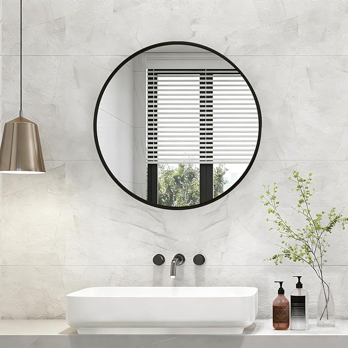 NEWBULIG 28 Inch Round Wall Mirror, Bathroom Mirror for Over Sink, Matte Metal Framed Circle Vanity Mirror, Wall Decor for Bedroom, Entryway, Anti-Rust, Tempered Glass, Hanging or Leaning,Black