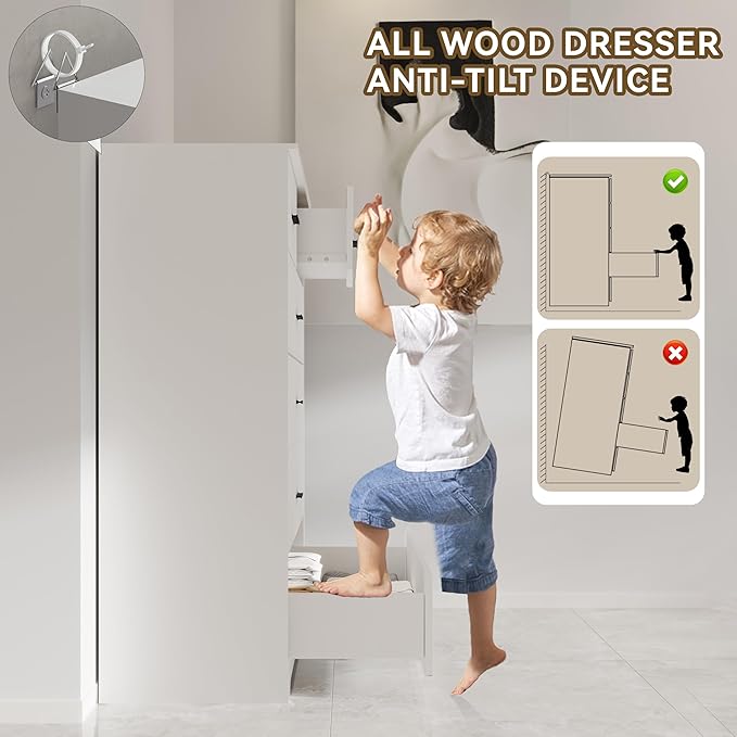 FJTJBSI Dresser with Power Outlets Wooden 6 Drawer Dresser with Large Organizer White Tall Storage Organizer with Smooth Metal Rail Modern Chest of Drawers Closet for Bedroom Hallway