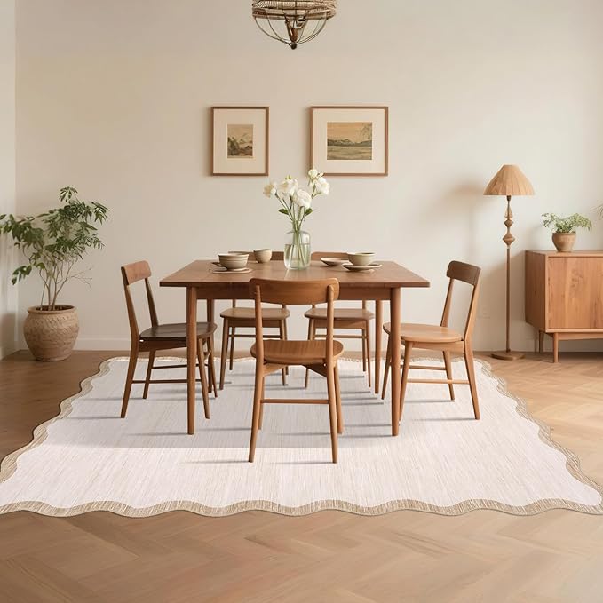 GarveeHome Scalloped Washable Rug 9x12 Area Rug for Bedroom Modern Living Room Rug Farmhouse Non Slip Large Area Rug Soft Throw Rugs Stain Resistant Carpet for Dining Room Nursery Beige 9 ft x12 ft
