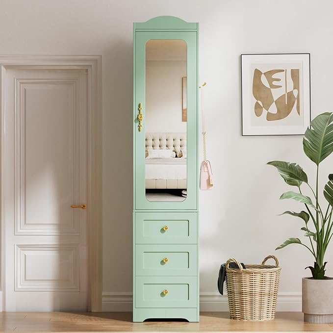 Armoire Wardrobe Closet, 69.5" H Wood Bedroom Armoires Cabinet with Mirror Door and 3 Drawers, Green Clothing Storage Cabinet with Hanging Rod & Sensor Light for Bedroom-Right