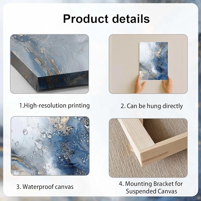 3 Piece Canvas Wall Art, Modern Abstract Blue and Gold Marble Ink Framed Wall Decor for Living Room Bedroom Office, 12x16 Inch, with Hooks and Nails
