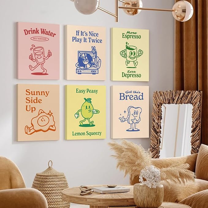 Retro Trendy Wall Art Decor Kitchen Aesthetic Canvas Wall Art Vintage Cute Pictures Funny Posters Retro Pink Prints Vintage Gallery Painting Funky Artwork for Room 12x16 Inch Set of 6 Ready to Hang