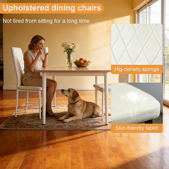 Dining Chairs Set of 2, Velvet Comfortable Seats, Mid-Century Modern Living Room Chairs, Upholstered Kitchen Chairs with Mental Legs and Padded Seat for Bedroom Office Easy Assembly, White
