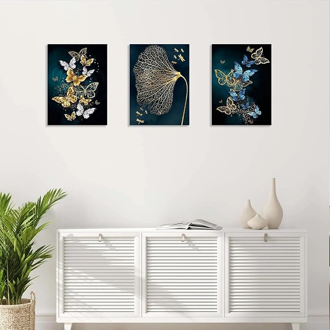 Modern Abstract Gold and Blue Butterfly Leaf Wall Art, 3 Piece Framed Canvas Set for Living Room Bedroom Office Wall Decor, 12x16 Inch, with Hooks and Nails