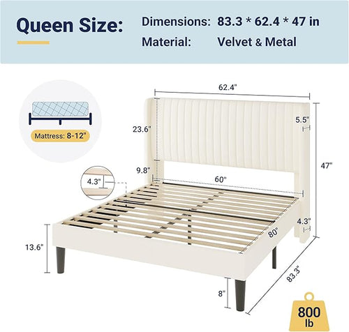 Allewie Queen Size Velvet Bed Frame/Vertical Channel Tufted Wingback Headboard/Upholstered Platform Bed/Strong Wooden Slats/No Box Spring Needed/Easy Assembly/Cream White