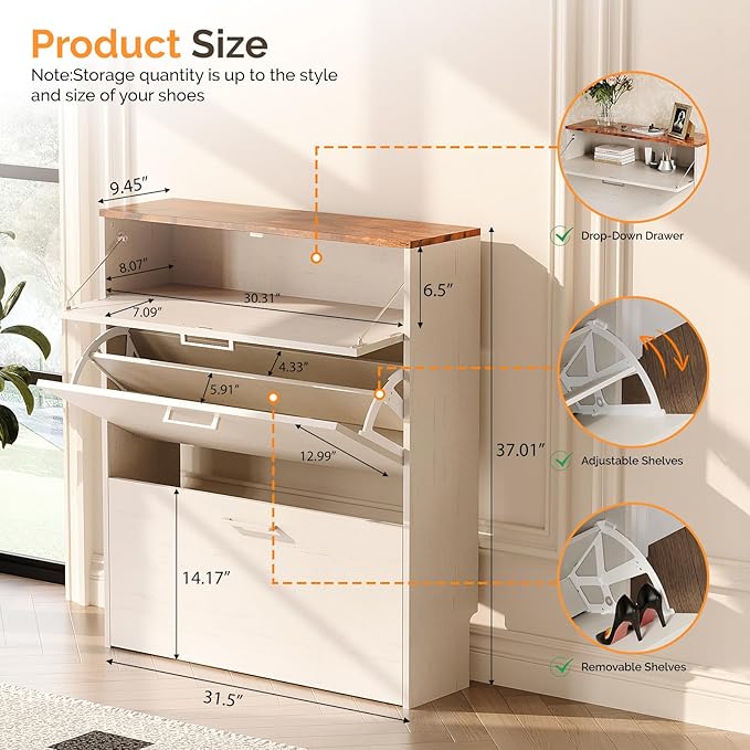 VINGLI Set of 2 Rustic White Shoe Cabinet for Entryway, 2-Pack 31.5" W Extra Wide Slim Shoe Organizer with Vintage Brown Top, Modern Farmhouse Wood Shoes Rack, Narrow Freestanding Cabinet for Hallway