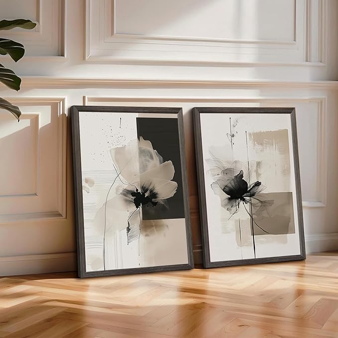 Tocliky Modern Abstract Floral Wall Art Minimalist Neutral Canvas Painting Decor Beige Cream And Black Wall Art Contemporary Flower Picture Prints for Living Room Bedroom 12x16 Inch Framed Set of 2