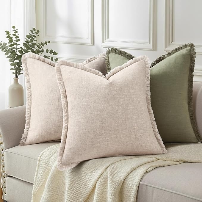 decorUhome Decorative Linen Fringe Throw Pillow Covers 18x18 Set of 2, Cozy Boho Farmhouse Cushion Cover with Tassels Soft Accent Pillowcase for Couch Sofa Bed Living Room, Ecru