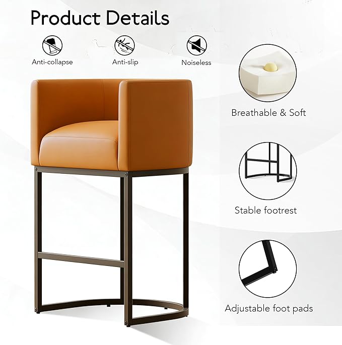 26" Modern Counter Height Bar Stools,PU Leather Upholstered Barrel Barstools with Backs,Island Chairs bar stools Set of 1,Metal Black Frames,Camel Brown Leather