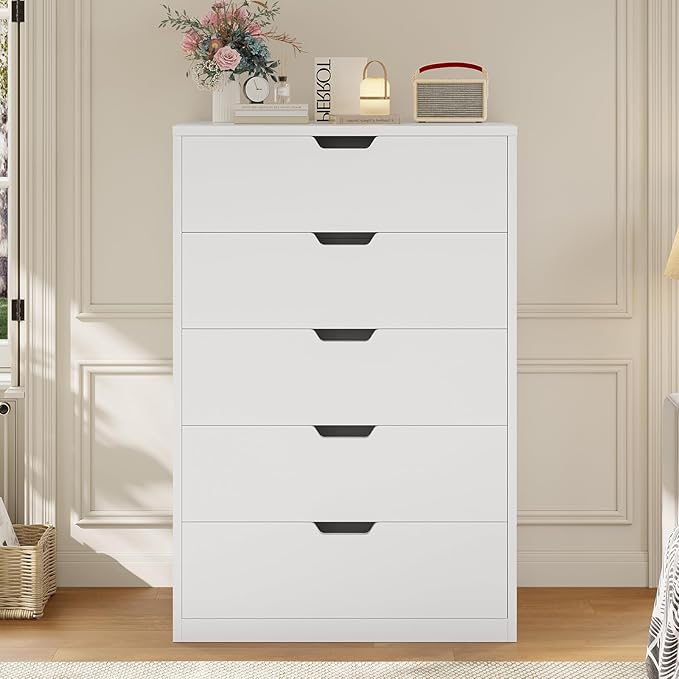 HAUOMS Tall 5 Drawer Dresser, White Modern Chest of Drawers for Bedroom,Closet Dressers with Drawers for Living Room, Entryway, Hallway