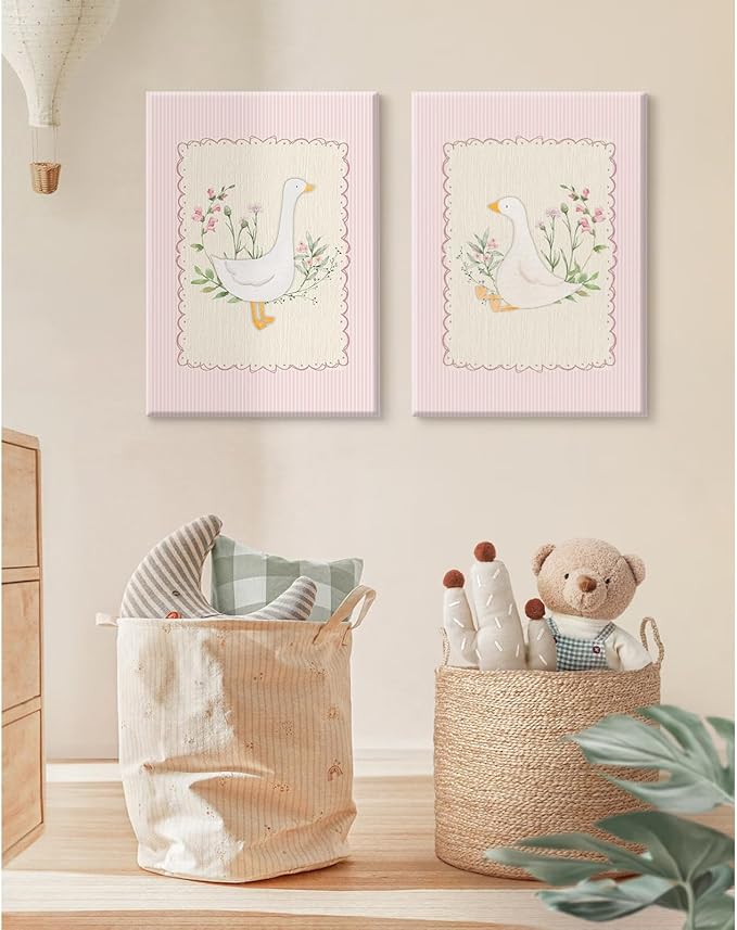 Vintage Nursery Wall Art Silly Goose Canvas Poster Pink Coquette Wall Decor Girls Room Pictures Baby Kids Poster Cute Animal Prints Floral Painting Artwork for Gallery Bedroom 16x24 Inch Ready to Hang