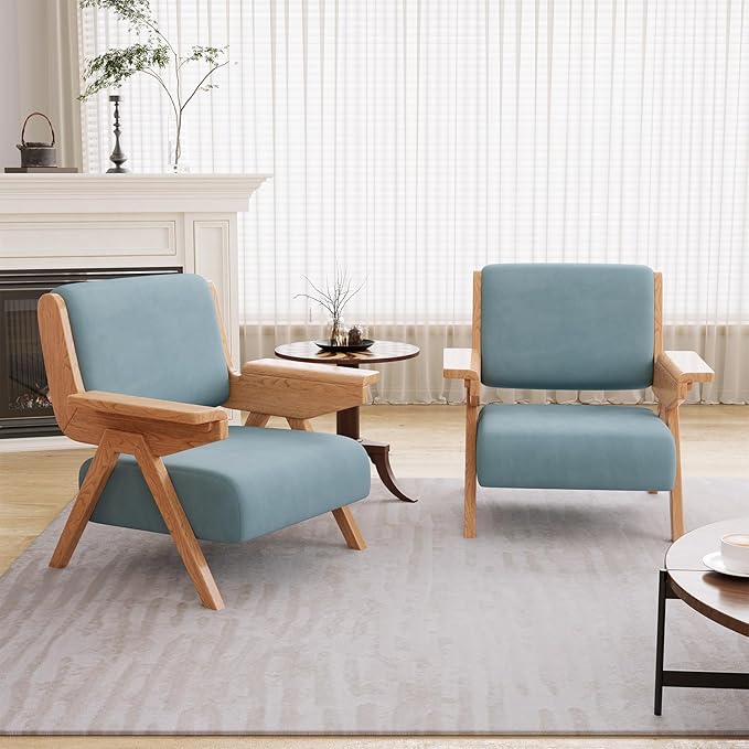 Accent Chair Mid Century Modern Chair, Velvet Upholstered Lounge Arm Chair with Solid Wood, Cozy Reading Chair for Living Room, Bedroom, Balcony (Blue, Single Chair)