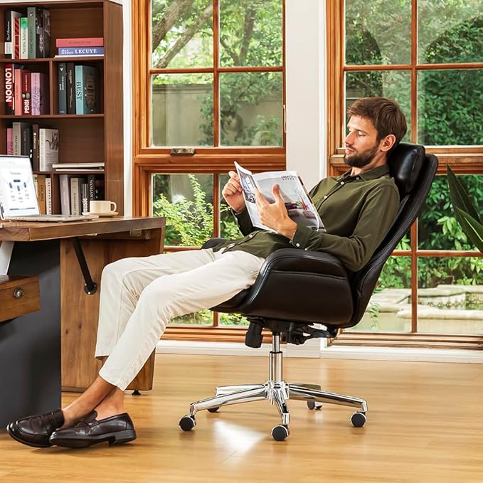 Glitzhome Mid-Century Modern Air Leatherette Adjustable Task Chair Swivel High Back Office Chair Computer Desk Chair with Armrest(Black)