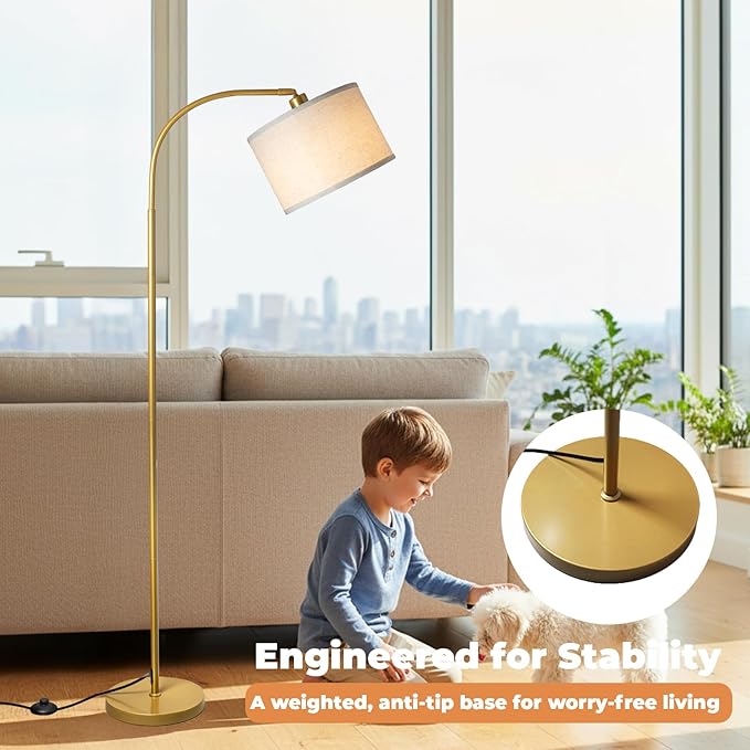 LALISU Arc Floor Lamps for Living Room, Modern Standing Lamp with Remote Dimmable Floor Lamp with Linen Shade, Tall Lamp for Bedroom Office Dining Room (Gold)