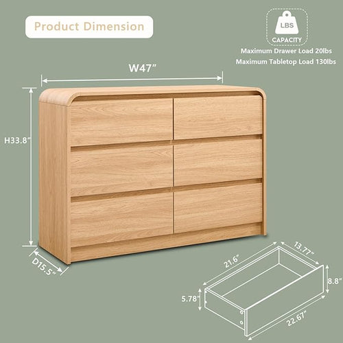 Aitjunz Modern 6 Drawers Dresser for Bedroom, 47" Wide Wood Dressers & Chests of Drawers w/Curved Profile Design, Mid Century Modern Dresser w/Natural Texture for Bedroom, Living Room, Natural Oak