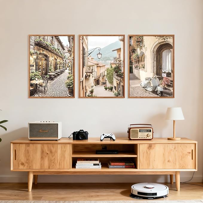 HPINUB Foreign Scenery Framed Canvas Wall Art Set, (Set of 3,12X16 Inch) Vintage Travel City Wall Decor,Modern Minimalist Europe Street Picture Nature Landscape Art Print for Living Room,Bedroom