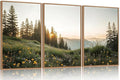 FWIEXA Green Forest Mountain Framed Canvas Wall Art Set, Wildflower Meadow Wall Decor, Floral Pictures Artwork, Nature Sunset Landscape Art Prints for Living Room, Bedroom, Office - Size 24"x36"x3