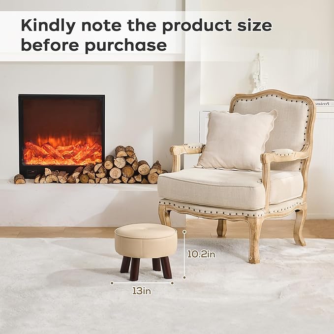oakvivo 13in Small Foot Stool Ottoman, Round Faux Leather Foot Rest for Couch, Under Desk Pouf Footstool Footrest with Non-Skid Rubber Legs for Ling Room, Bedroom, 13''L x 13''W x 10.2''H, Beige