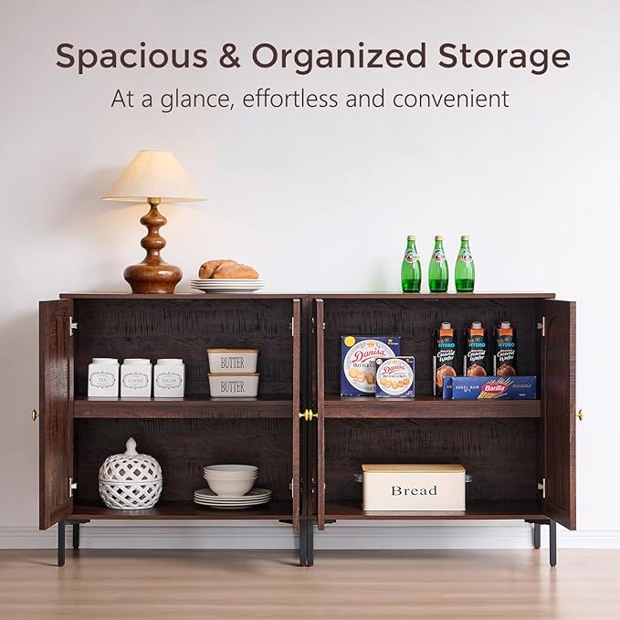 IFGET Modern Buffet Cabinet with Storage, 61.75" W Fluted Arched Sideboard Cabinet w/Adjustable Shelves, Wooden Modular Coffee Bar for Dining Room, Kitchen, Living Room, Entryway, Brown