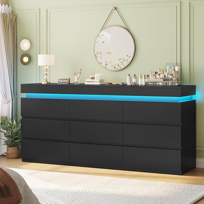 HAUOMS 9 Drawer Dresser with LED Light, Black Modern Chest of Drawers for Bedroom,Long Dresser with Drawers for Living Room, Entryway, Hallway
