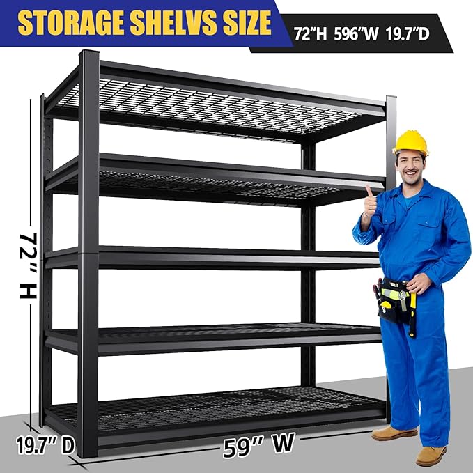 Garage Shelving-3500 lbs 5 Tier Storage Shelves,Adjustable Heavy Duty Metal Shelving Unit and Storage Large Wire Rack,Utility Steel Shelf for Warehouse Industrial Pantry Basement -72"x59"x19.7",Black