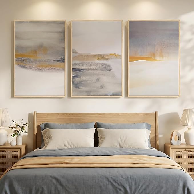 Framed Large Neutral Abstract Wall Art, Set of 3 Canvas Modern Prints Paintings, Minimalist Landscape Beige Gray Picture Artwork Decor for Living Room Bedroom Office 24x36 Inch