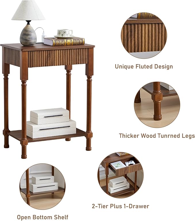 Night Stand Set of 2,Fluted Nightstand with Charging Station, 23.6” Large Bed Side Table End Table with Drawer,Modern Mid Century Wooden Night Stands Bedside for Bedroom Living Room Sofa Office,Walnut