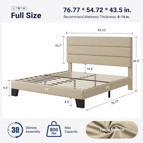 Allewie Full Size Platform Bed Frame with Fabric Upholstered Headboard and Wooden Slats Support, Fully Upholstered Mattress Foundation/No Box Spring Needed/Easy Assembly, Beige