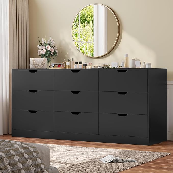 HAUOMS 9 Drawer Dresser for Bedroom, Large Black Chest of Drawers for Bedroom,Long Modern Dressers with Drawers for Living Room, Hallway