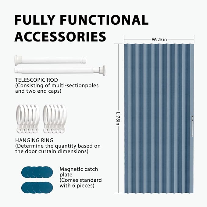 Jilron Accordion Door Curtain Set - 100% Blackout, with Curtain Rod Included, for Bedroom Privacy Protection (Blue-43 W x 78" L+Rod)