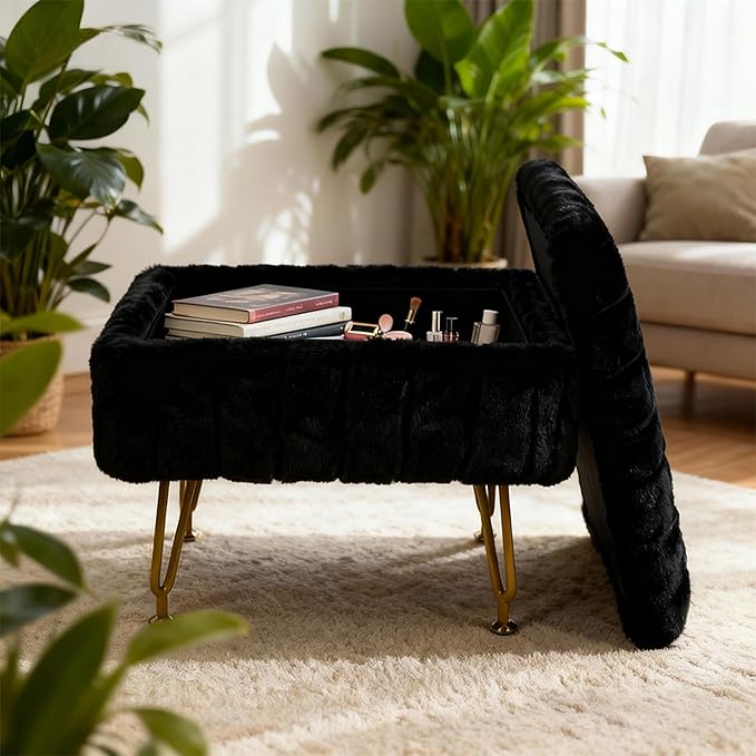 ACEQLYT® Small Foot Stool, Small Ottoman with Storage, Black Furry Footstool with Soft Padded Seat & Gold Metal Leg
