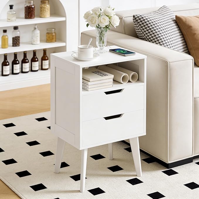 MAHANCRIS White Nightstand with Charging Station, Modern Bedside Table with 2 Storage Drawers and Open Shelf, Night Stand with Solid Wood Legs, for Bedroom, End Side Table for Small Spaces, ETWT69E01
