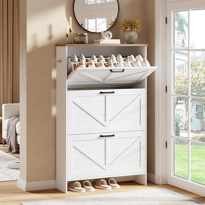 Nicetree Shaker Barn Door Shoe Cabinet, 3 Flip Drawers & 3Tier Adjustable Shelves, Ultra Slim Freestanding, Modern Rustic Brushed White Farmhouse Shoe Rack for Entryway, Hallway, Foyer & Mudroom White